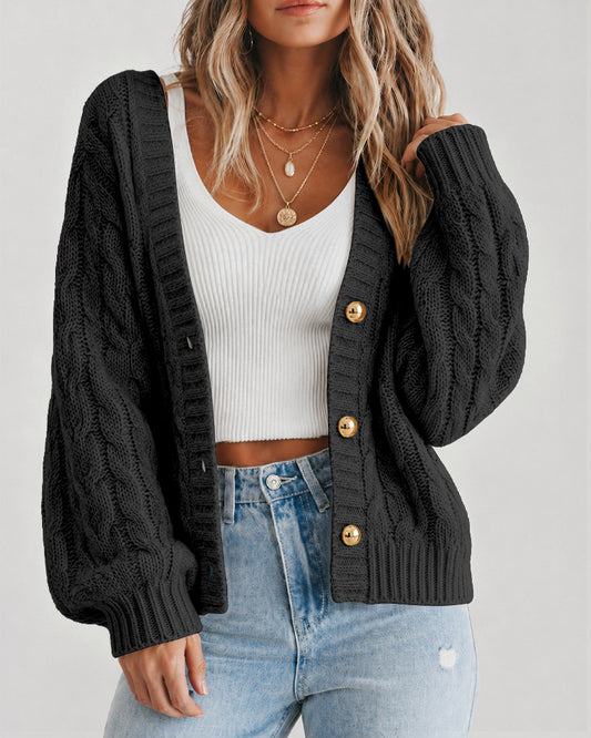 Cárdigan de punto grueso para mujer, cuello en V, abotonado, mangas farol holgadas, cálido y perfecto como prenda de abrigo