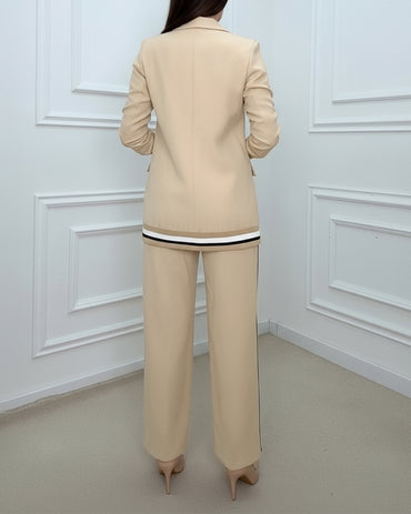 2 Pieces Outfit Notched Collar Single Breasted Flap Detail Coat and Elastic Waist Seam Front Wide Leg Pants Set Casual Contrast Striped Blazer Set