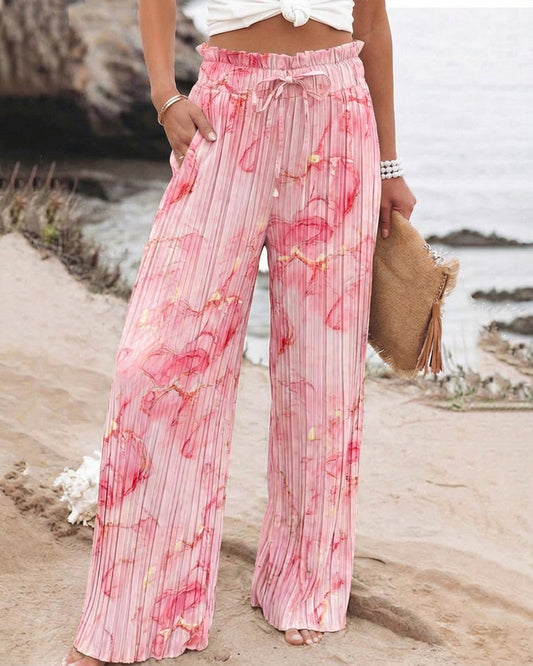 Women's Tie Dye Print Pleated Wide Leg Pants High Waisted Flowy Palazzo Pants Drawstring Lounge Pants with Pockets