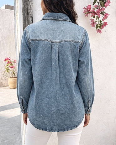 Women's Rhinestone Denim Jacket Washed Button-Down Shacket Sparkling Loose Fit Long Sleeve Casual Outerwear