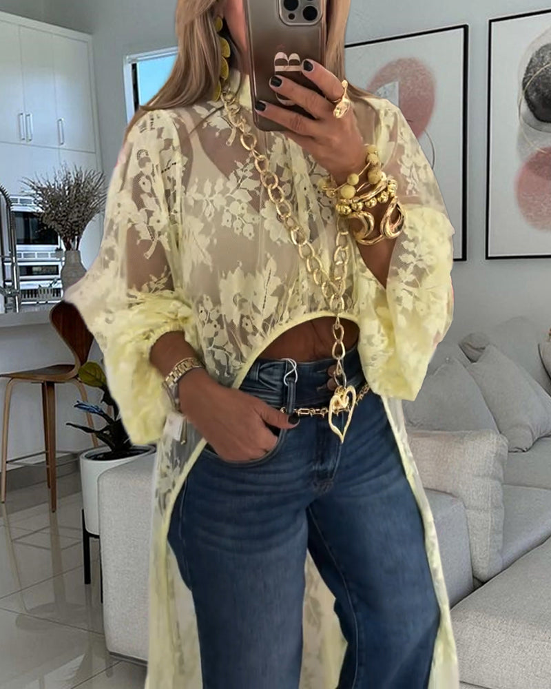 Mock Neck Lantern Sleeve High-Low Hem Floral Lace Sheer Top