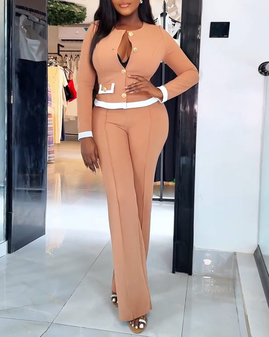 2 Pieces Outfit Contrast Paneled Single Breasted Flap Detail Crop Top and Elastic Waist Seam Front High Waist Pants Set Casual Commuting Set