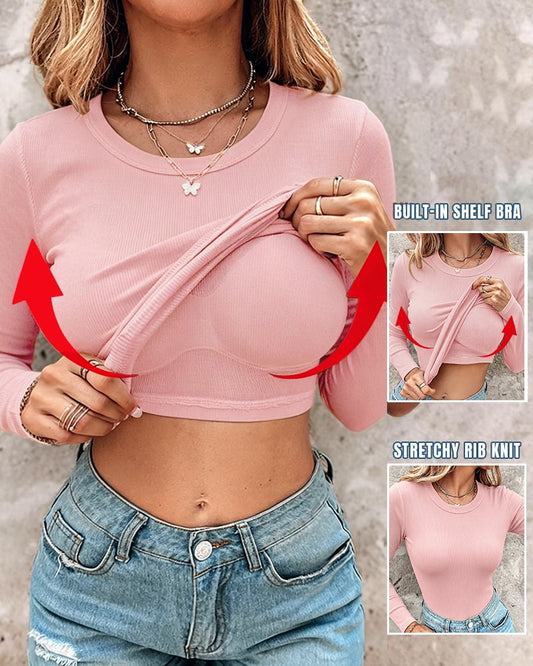 Top de punto acanalado de manga larga y cuello redondo para mujer, camisa ajustada para usar como capa base, camiseta casual suave y elástica con sujetador incorporado