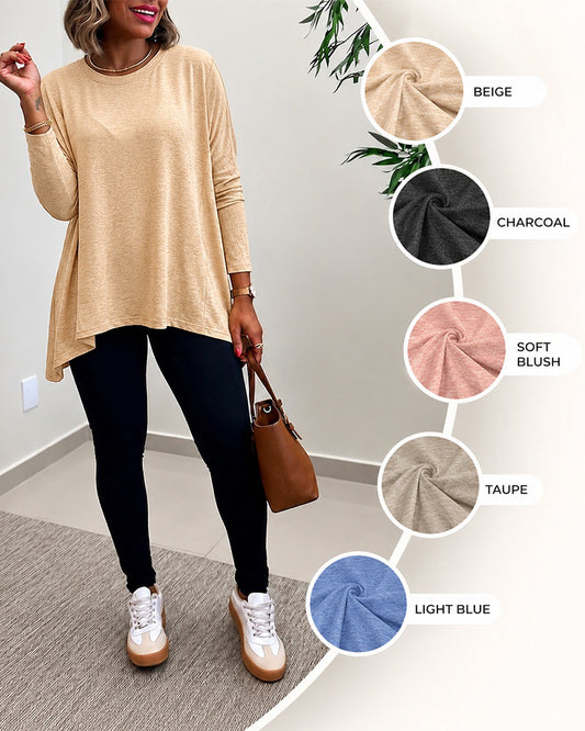 Top de manga larga para mujer con bajo asimétrico, corte holgado, hombros caídos y cuello redondo, camiseta informal suave de corte relajado
