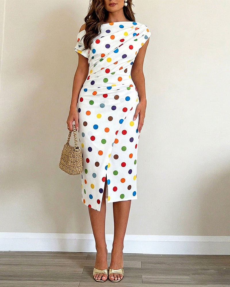 Women's Skew Neck Midi Dress Colorful Polka Dot Ruched Bodycon Dress Elegant Slit French Style Wrap Vacation Dress 2 Women's Skew Neck Midi Dress Colorful Polka Dot Ruched Bodycon Dress Elegant Slit French Style Wrap Vacation Dress - Image 2