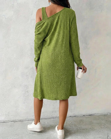 2 Pieces Outfit U-Neck Half Button Front Slim Fit Mini Tank Dress and Long Sleeve Pockets Design Cardigan Casual Rhinestone Decor Textured Set