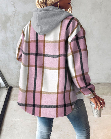 Plaid Print Long Sleeve Button Front Drawstring Hoodie Coat Casual Pocket Design Thermal Lined Shirt Coat