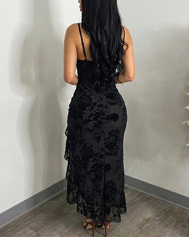 Women's Vintage Flocking Floral Maxi Dress Sexy Cowl Neck Cami Dress High Slit Backless Bodycon Evening Gown