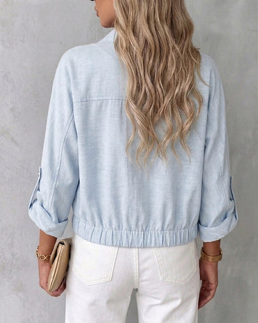 Women's Crop Casual Jacket Lapel Neck Button Down Coat Roll Up Sleeve Loose Jacket