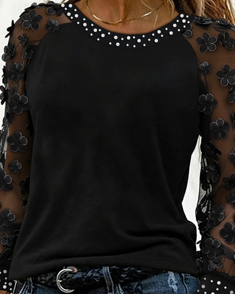 Rhinestone Decor 3D Floral Applique Sheer Mesh Long Sleeve Tee Casual Top