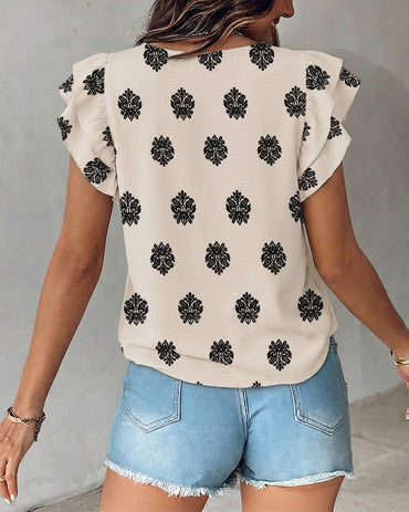 Vintage Print Deep V-Neck Double Layer Ruffles Sleeve Blouse Casual Boho Top