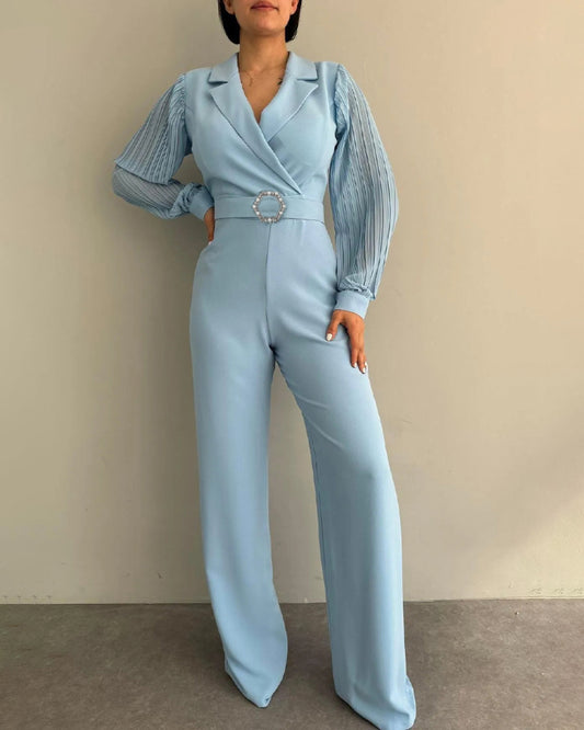 Rhinestone & Pearls Decor Lapel Collar Pleated Long Sleeve Wide Leg Overalls Casual High Waist Zipper Back Jumpsuit