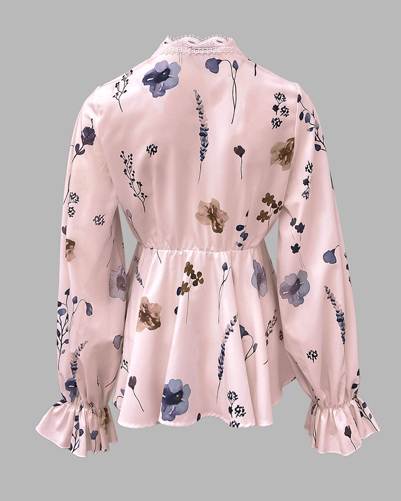 Floral Print Deep V-Neck Lantern Sleeve Casual Contrast Lace Tied Detail Blouse