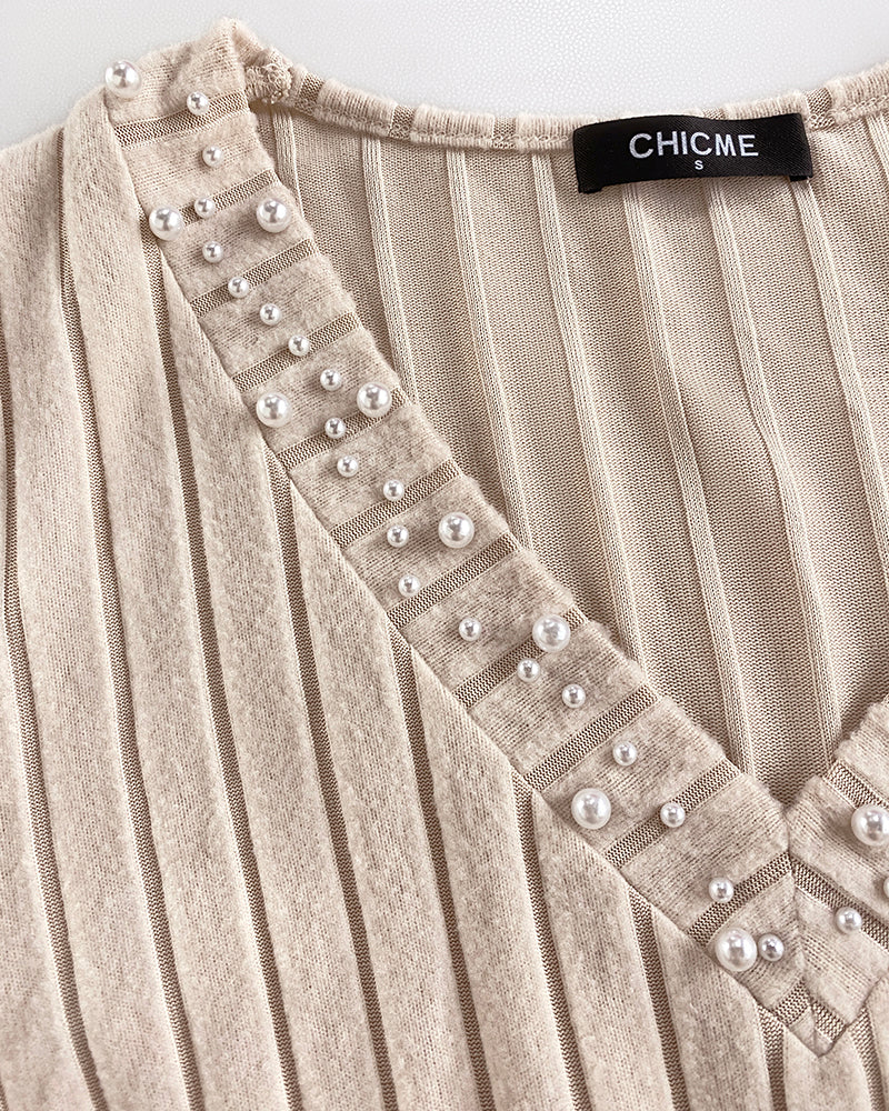 V-Neck Long Sleeve Pit Stripe Causal T-shirt