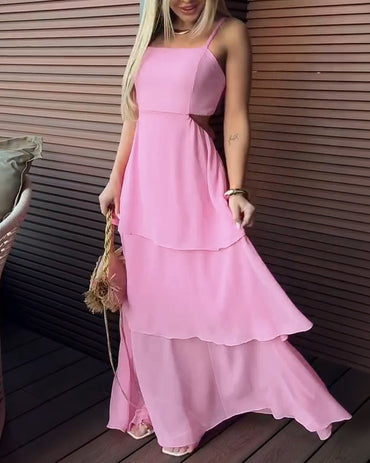 Square Neck Adjustable Spaghetti Straps Cutout Waist Ruffle Hem Dress Casual Backless Tie Back Stretchy Back Chiffon Cami Dress