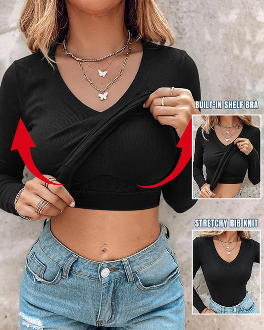 Women's V Neck Long Sleeve Ribbed Knit Top Slim Fit Base Layer Shirt Soft Stretchy Casual Tee with Built-in Bra