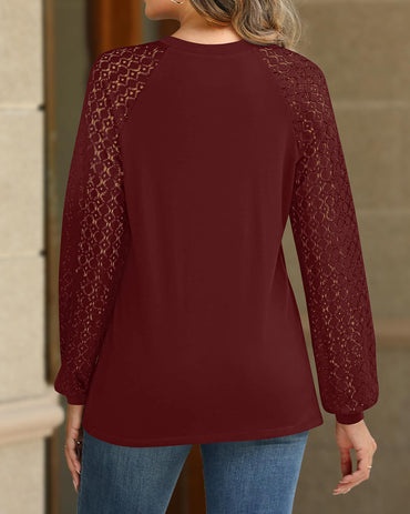 Contrast Lace Round Neck Lantern Sleeve Ruched Blouse Elegant Shirt