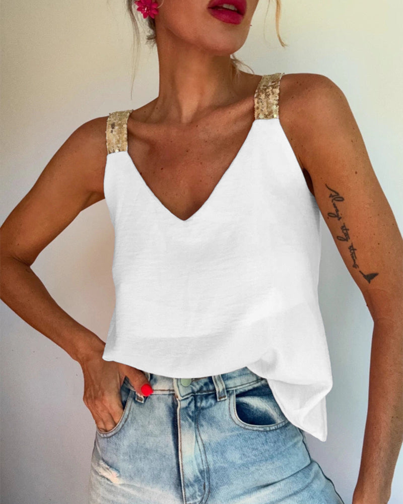 V-Neck Sequin Decor Thick Straps Tank Casual Backless Textured Tank Top