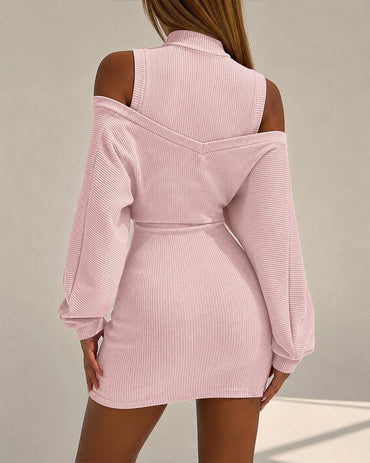 Women's 2 Piece Knit Dress Set Mock Neck Sleeveless Bodycon Mini Dress and Crop Sweater