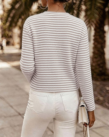Women's Striped Textured Long Sleeve Crew Neck Gold Button Crop Coat