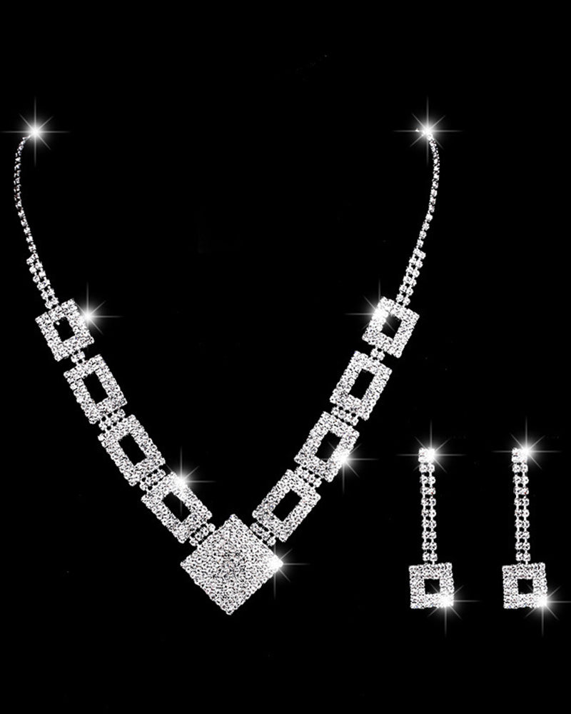 3PCS Allover Rhinestone Hollow Out Square Pendant Necklace & Drop Earrings & Bracelet Evening Party Wedding Jewelry Set