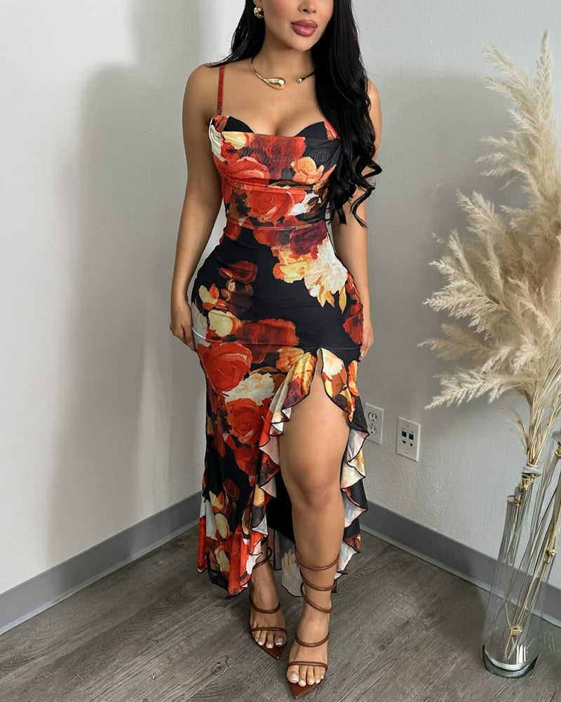 Women's Floral Print Mesh Dress Ruffle Hem High Slit Mermaid Cami Dress Sexy Sleeveless Bodycon Party Dress
