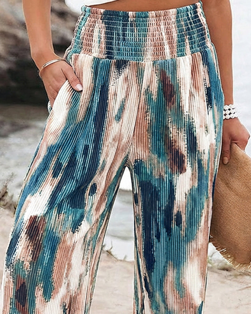 Tie Dye Print High Wait Elastic Waist Pleated Wide Leg Pants