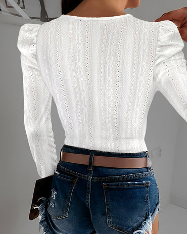 Jacquard Square Neck Puff Sleeve Eyelet Embroidery T-Shirt Long Sleeve Slim Fit Top