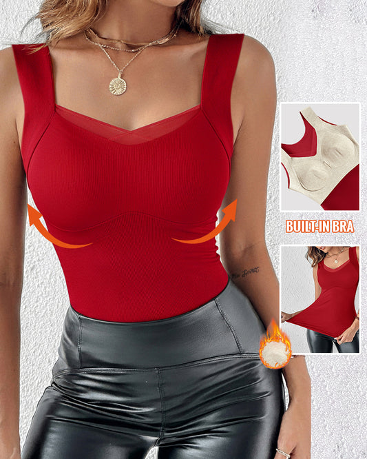 Top ajustado casual de forro polar cálido con malla transparente combinada, escote en V, sin mangas y sujetador incorporado