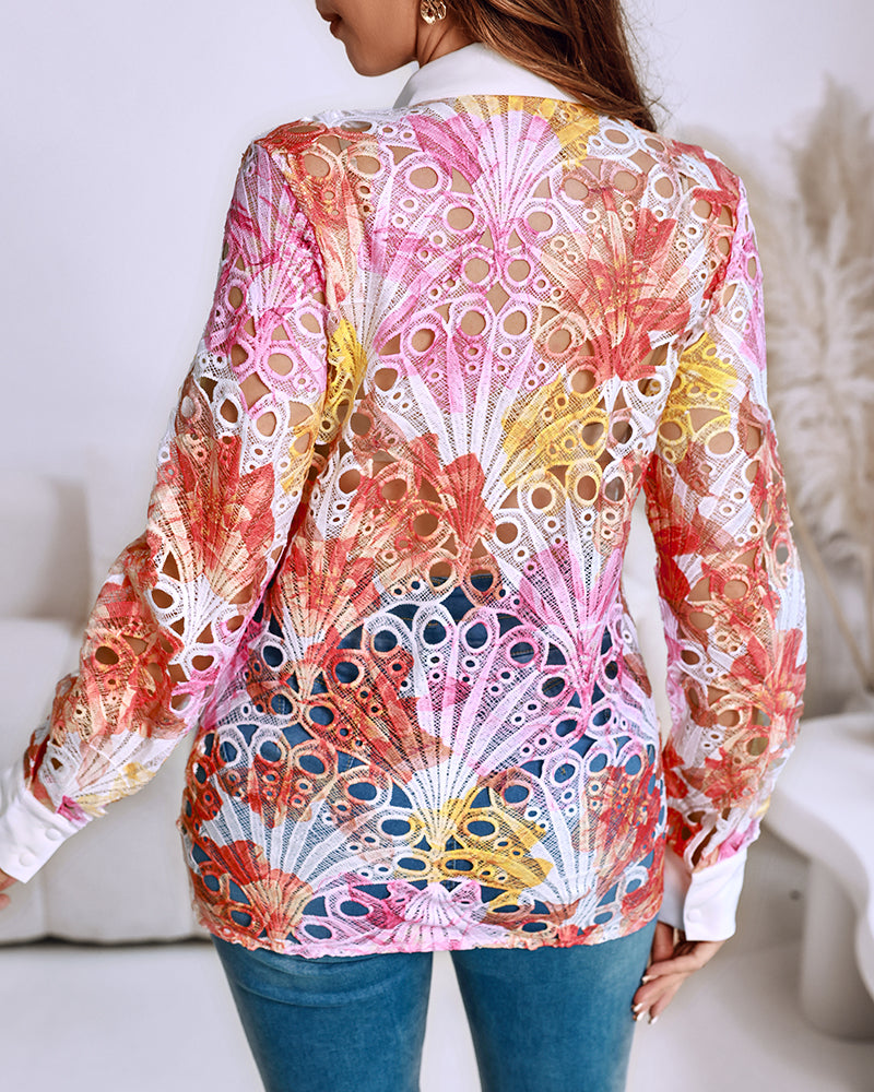 Tie Dye Print Turn-down Collar Long Sleeve Button Front Shirt Casual Hollow-out Top