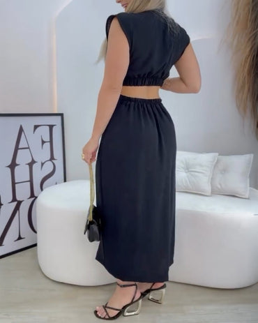 Solid Color Cutout Button Down Elastic Waist Back Versatile Casual Dress Vocation Maxi Dress