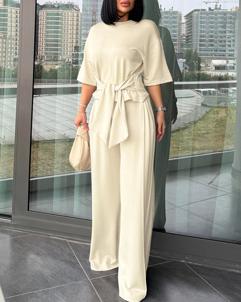 Women's 2 Piece Outfits Tied Waist Half Sleeve Top and High Waisted Pleated Wide Leg Pants Casual Loungewear
