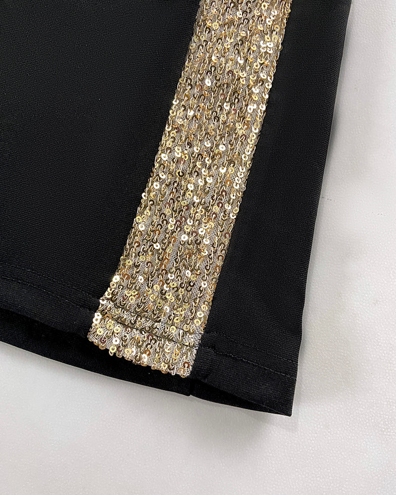 Sequin Bowknot Decor Contrast Sequin Paneled Square Neck Long Sleeve Jumpsuit Casual Cinched Waist Wide Leg Jumpsuit