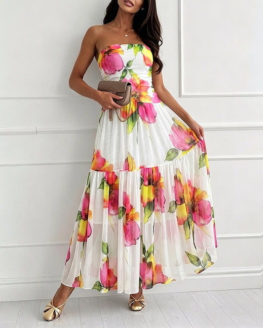 Women's Watercolor Floral Mesh Maxi Dress Tube Ruched Ruffle Hem Dress Casual Vacation Dress with Detachable Clear Straps