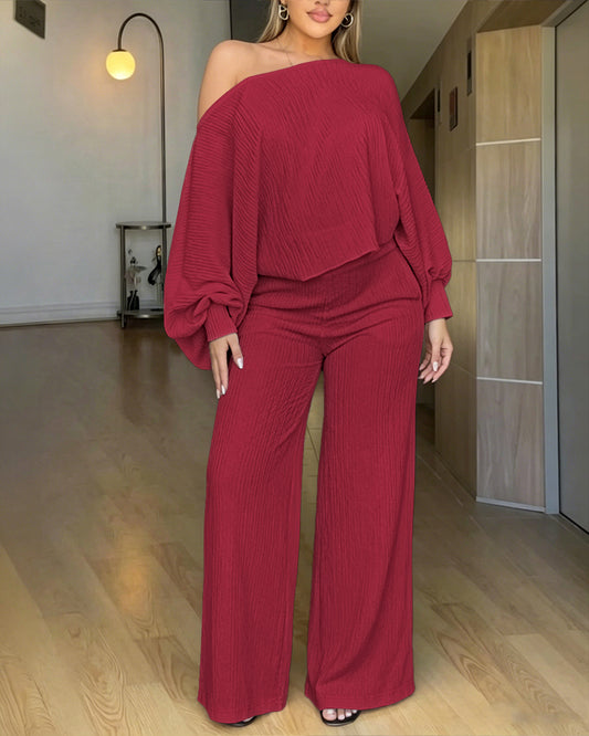 Women's 2 Piece Outfits Skew Neck Batwing Sleeve Top and Wide Leg Pants Set Casual Textured Loungewear with Pockets