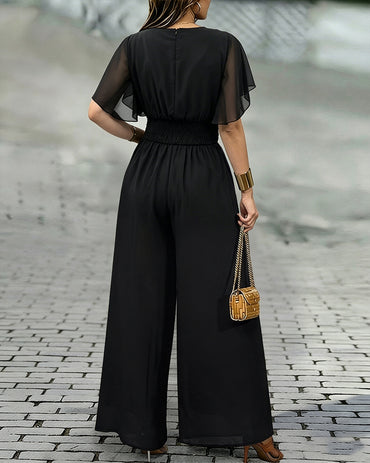 Women's Overlap V Neck Jumpsuit Butterfly Sleeve Wide Leg Romper Tied Waist Shirred Back Split Leg Overalls