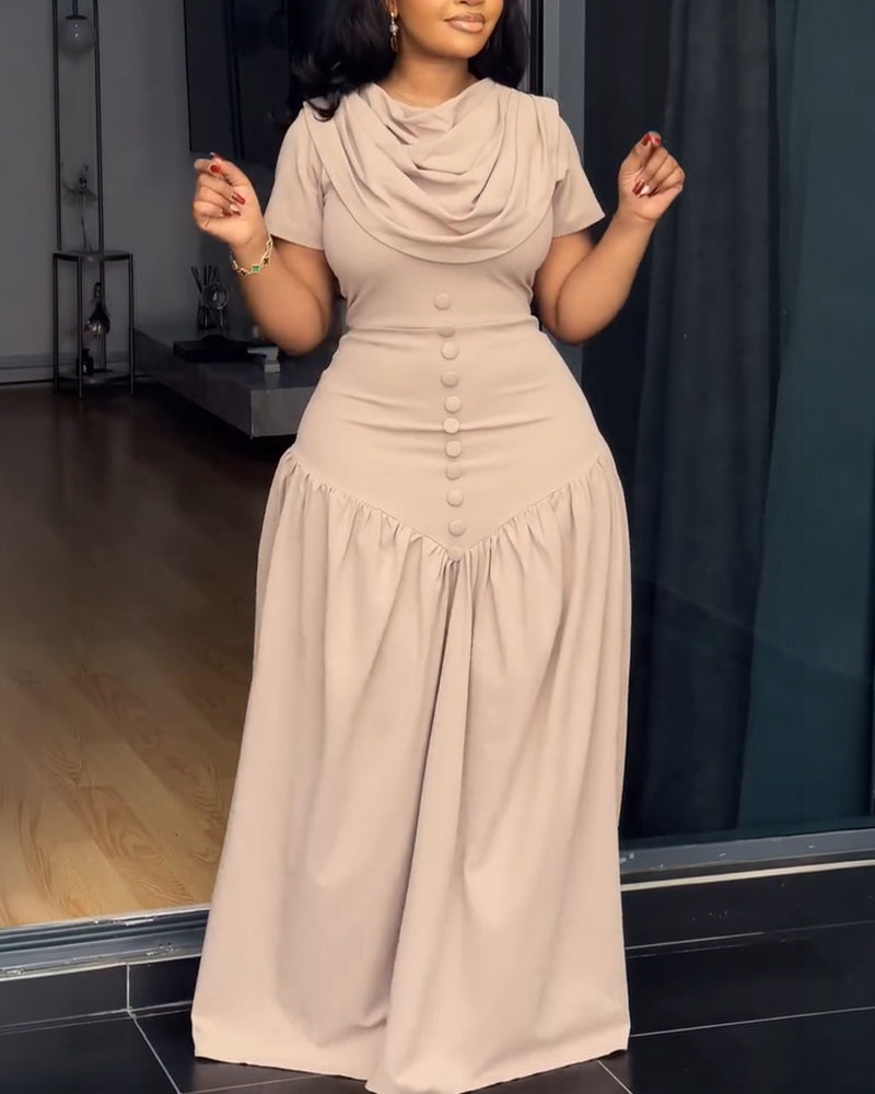 Single Breasted Decor Cowl Neck Short Sleeve Cinched Waist Maxi Dress Elegant Zipper Back Ruched Party Dress