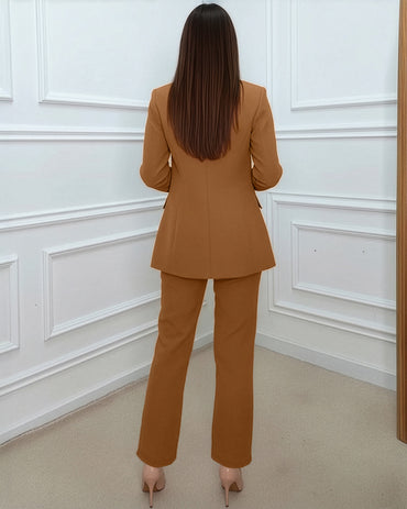 2 Pieces Outfit Metal Decor Leopard Print Spliced Shawl Collar Single Breasted Flap Detail Coat and Zipper Fly Pants Set Casual Blazer Set with Utility Belt