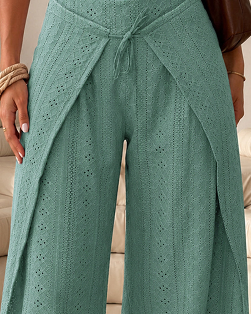 Women's Eyelet Jacquard High Waisted Wrap Wide Leg Pants Tied Split Flowy Trousers