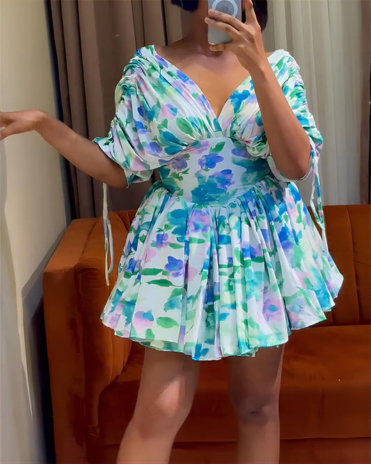 Floral Print Deep V-Neck Drawstring Ruched Sleeves Cinched Waist A Line Vacation Dress Casual Zipper Back Ruched Mini Puff Dress