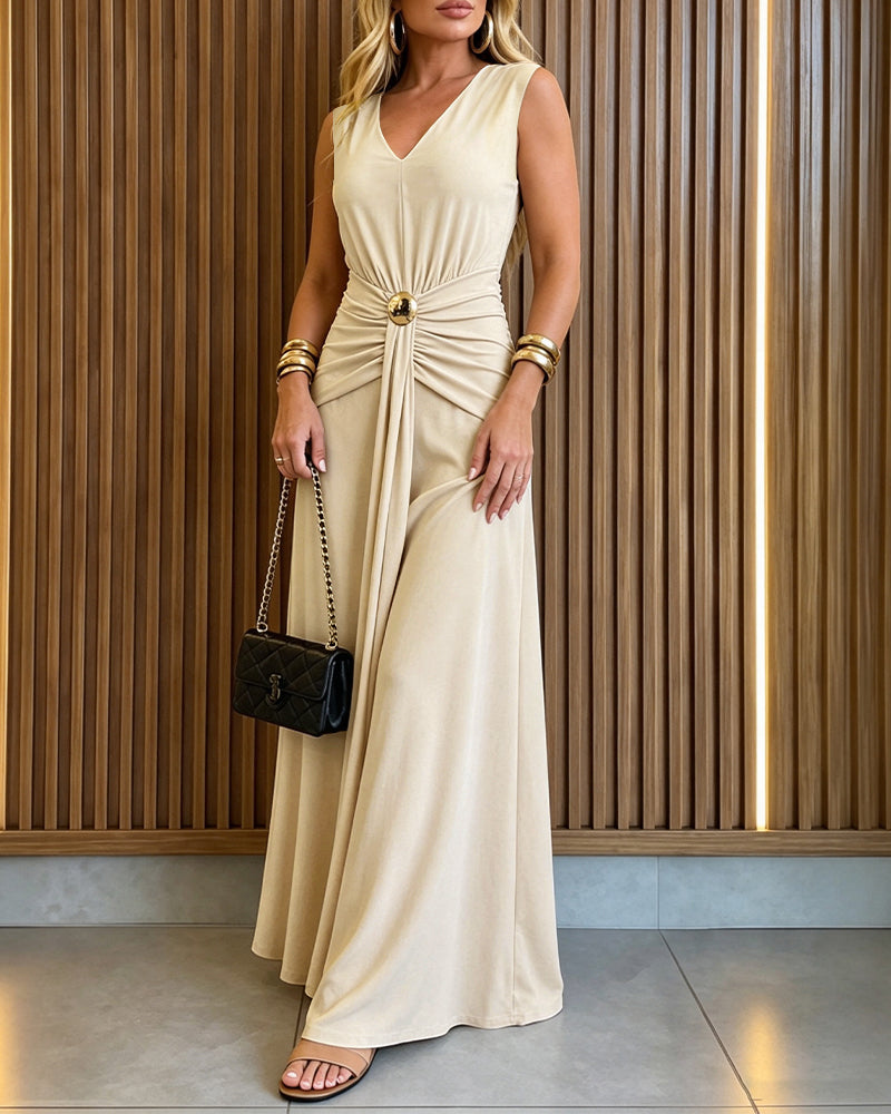 Women's Deep V Neck Sleeveless Maxi Dress Ruched Gold Decor Draped A Line Evening Gown