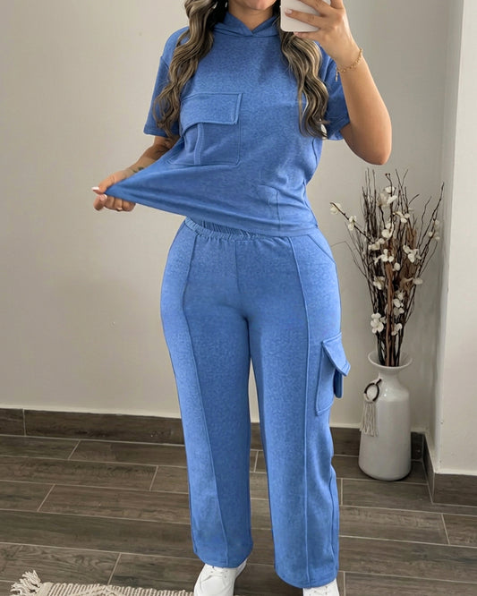 Women's Two Piece Outfits Short Sleeve Hoodie Top and High Waist Cargo Straight Leg Pants Set Casual Lounge Tracksuit