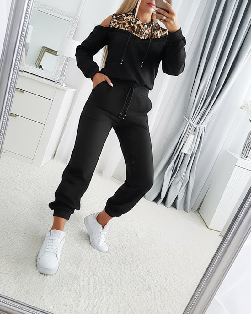 2 Pieces Outfit Sequin Decor Leopard Print Spliced Cold Shoulder Long Sleeve Drawstring Hoodie Sweatshirt and Casual Drawstring Elastic Waist Jogger Sweatpants Set
