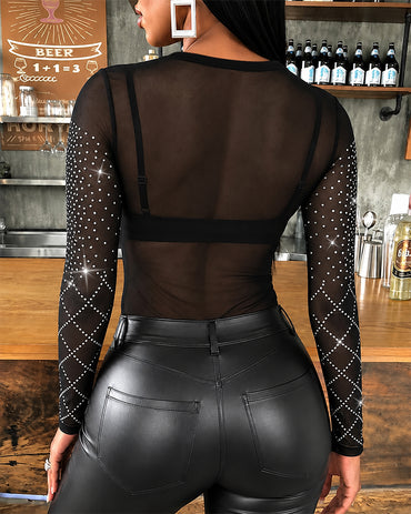 Women's Geometric Rhinestone Sheer Mesh Round Neck Long Sleeve Slim Fit Top