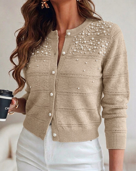 Cárdigan corto de punto con cuentas de perlas para mujer, elegante, calado, con botones y estilo informal