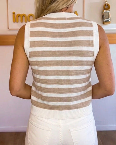 Women's Striped V-Neck Knit Vest Gold Button Sleeveless Sweater Tank Cropped Slim Fit Layering Top