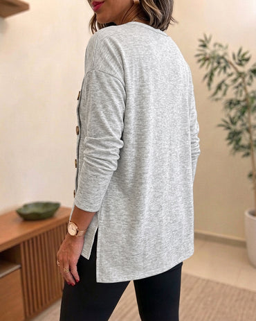 Women's Side Button Detail High-Low Split Hem Loose Tee Drop Shoulder Casual Top