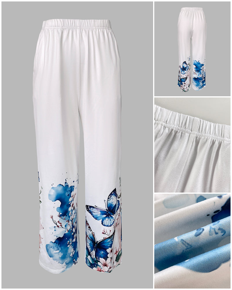 Floral Butterfly Print Round Neck Long Sleeve Top and Causal Pants Set with Pocket