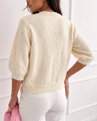 Cárdigan de punto bouclé para mujer con cuentas doradas, mangas abullonadas, cuello redondo, botones y corte corto, prenda exterior elegante