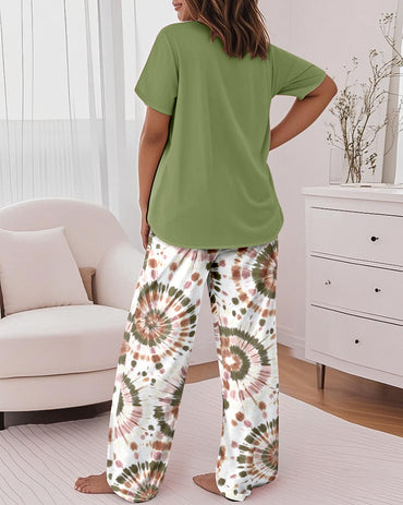 2 Pieces Outfit Faith Letter Print Short Sleeve Top and Tie Dye Print Elastic Waist Pants Set Casual Pajamas Set
